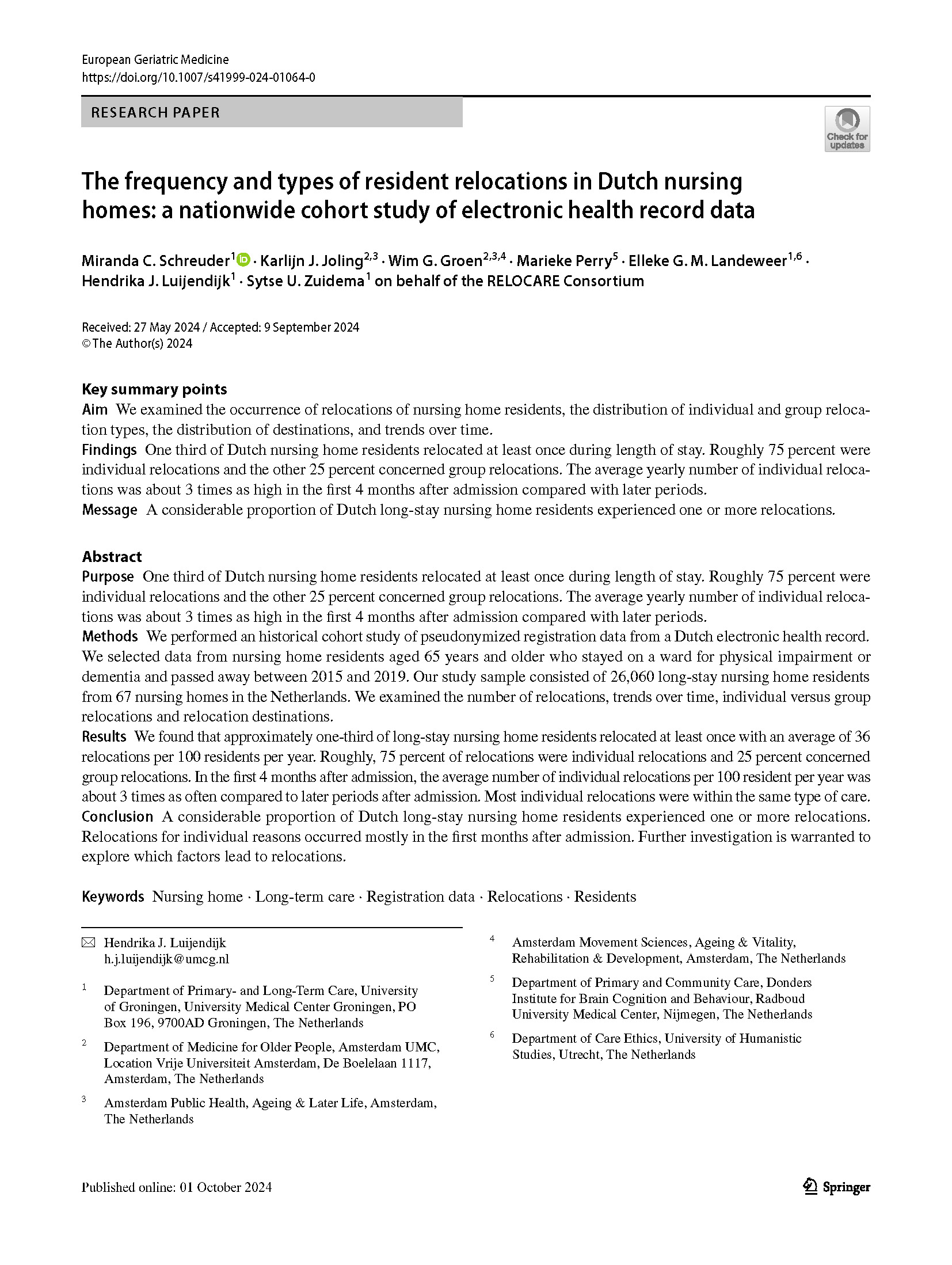 Artikel Schreuder (2024) - The frequency and types of resident relocations in Dutch nursing homes: a nationwide cohort study of electronic health record data