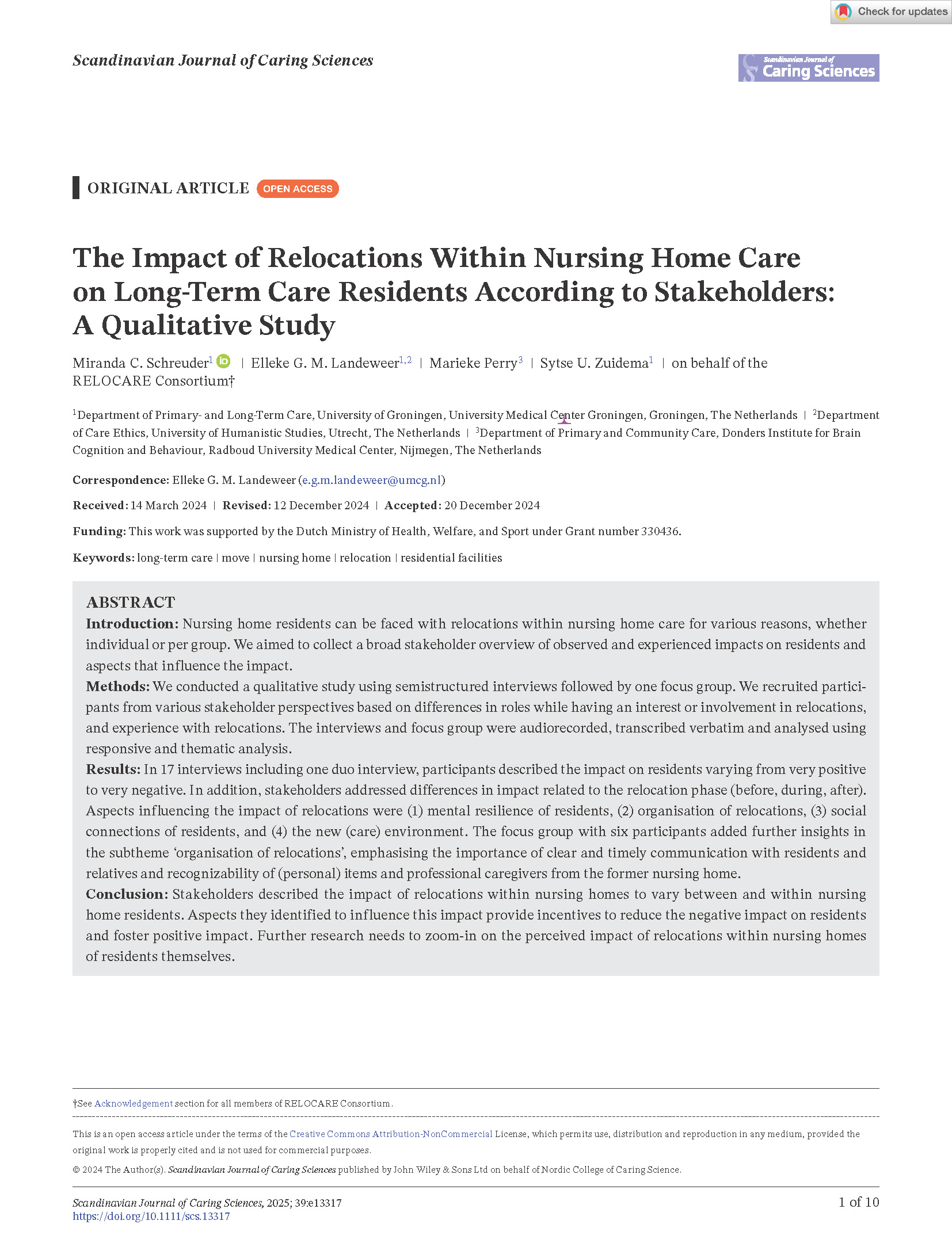 Artikel Schreuder (2025) - The Impact of Relocations Within Nursing Home Care on Long-Term Care Residents According to Stakeholders: A Qualitative Study