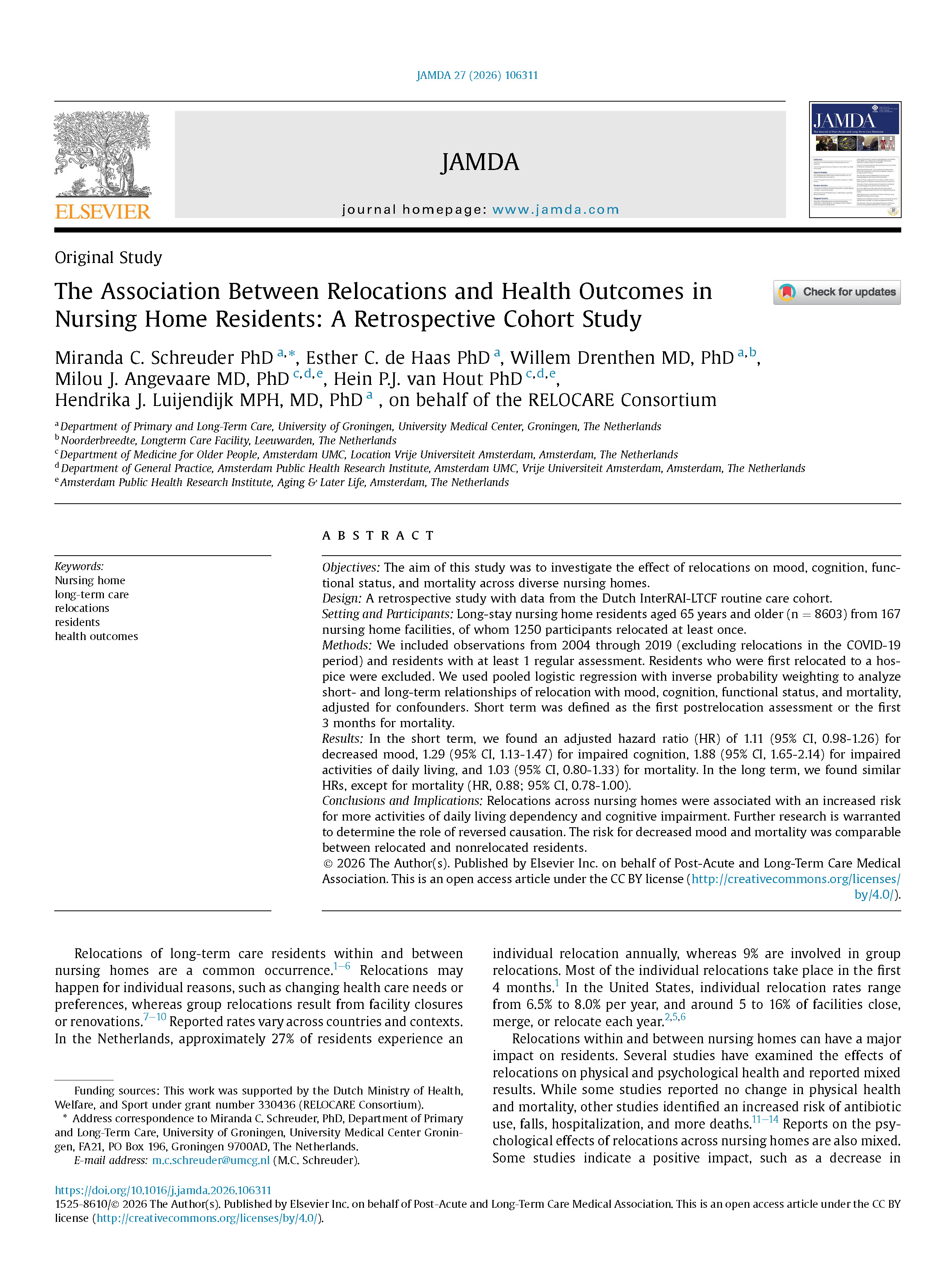 Schreuder (2026) - The Association Between Relocations and Health Outcomes in Nursing Home Residents: A Retrospective Cohort Study