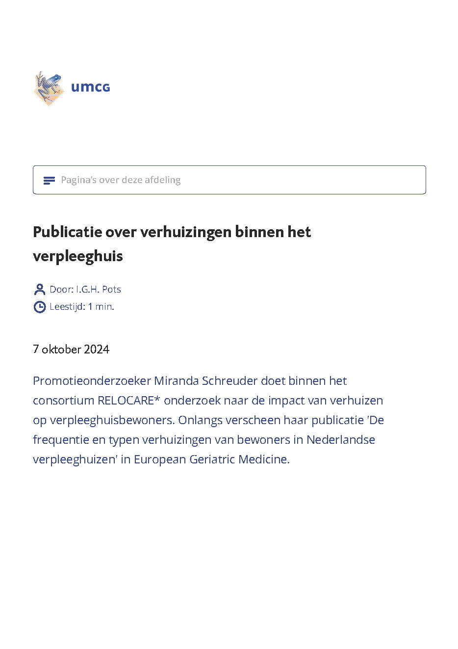 Update RELOCARE – 7 oktober 2024